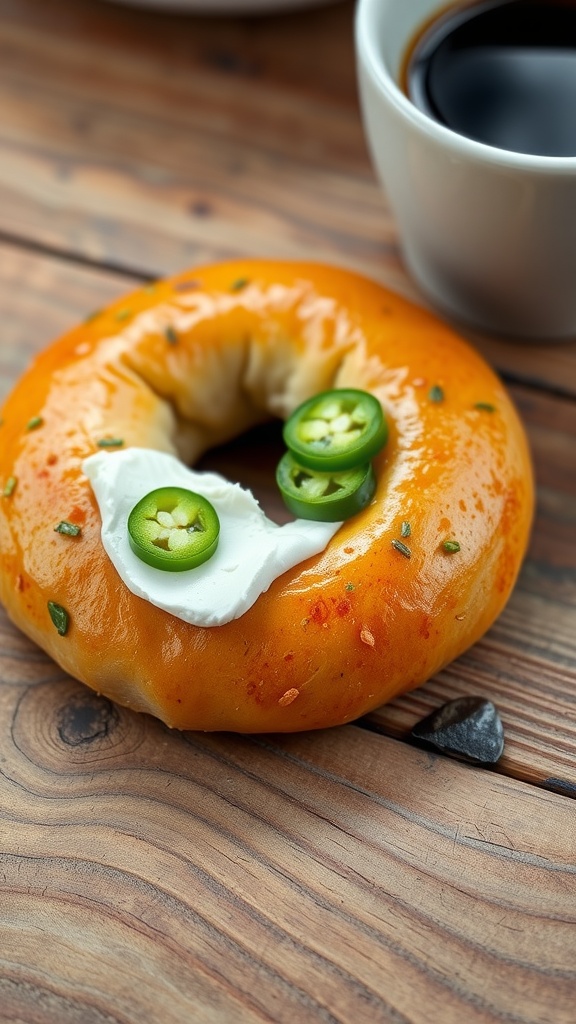 A golden brown jalapeño bagel with cream cheese and jalapeño slices on a wooden table.